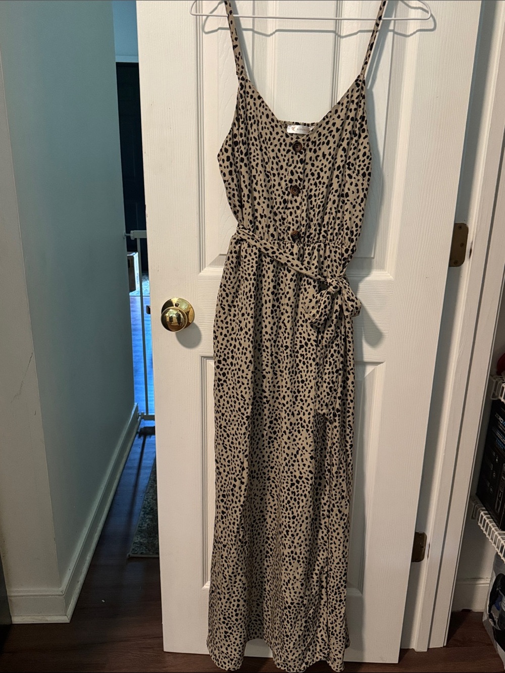 Spotted Tan Maxi Dress with Tie Waist
